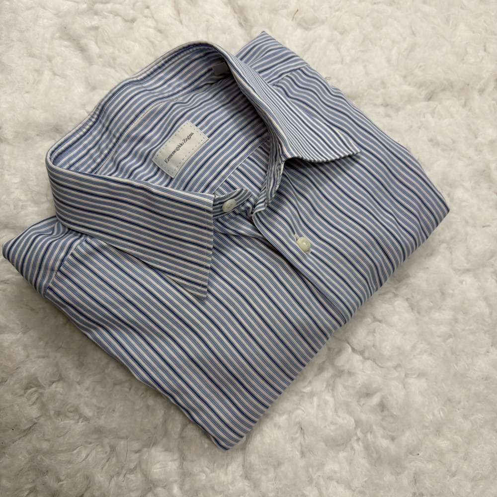 ZEGNA‎ (Current Line) Long Sleeve Button Shirt Men's Sz 43 17 White Blue Stripe